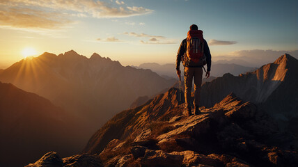 breathtaking shot of a solo hiker conquering a rugged mountain peak at sunset.