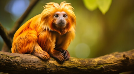Obraz premium Cute lion tamarin sitting on a branch in the jungle.