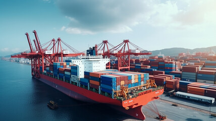 Container ship carrying container boxes import export dock with quay crane.