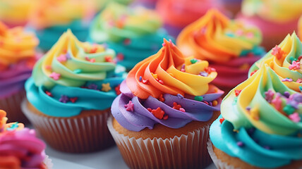 Delicious rainbow colored cupcake decorated - obrazy, fototapety, plakaty