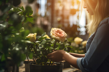 Young woman working in a flower shop flower decoration for sale