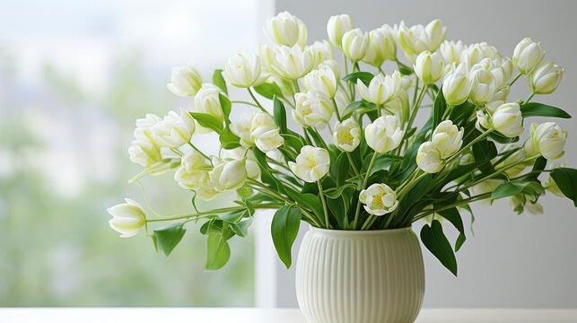 White Beautiful Spring Tulips Green Leaves, Background Image, Desktop Wallpaper Backgrounds, HD