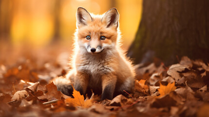 Cute fluffy fox sitting in autumn woods
