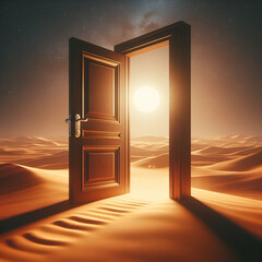 Opened door on desert. Unknown and start up concept. This is a 3d illustration
