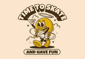 Time to skate and have fun. Walking ball head character holding a skate board