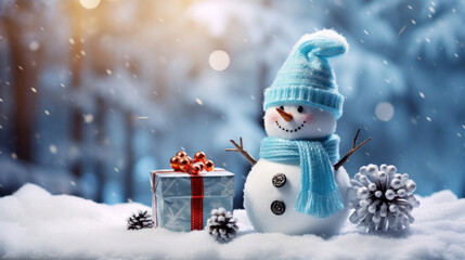 White Christmas holiday. Winter snowman with gift box