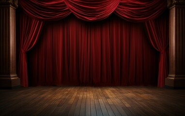 Elegant Red Theater Curtains with Wooden Stage Floor