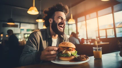 Fotobehang Happy man eating hamburger, man eating hamburger © Gomez