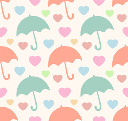 Сute autumn seamless vector pattern with umbrellas, and hearts. Abstract love design. Romantic wallpaper for Valentine’s Day,
greeting card, child clothes, textile, home decor, wallpaper.