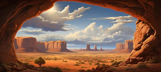 Fotobehang Inside sandstone cave entrance with scenic view of desert valley - midday sunshine shelter from the hot and dry weather - distant mountain buttes and rain clouds in the sky over valley.  © SoulMyst