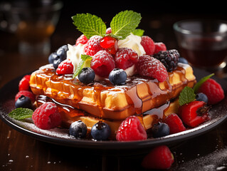 Food photo of the Belgian waffles, drizzled with maple syrup