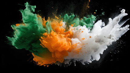 Flag of India made with colorful powder splashes isolated on black background - obrazy, fototapety, plakaty