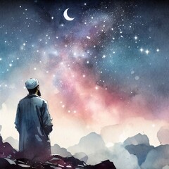 Fototapeta na wymiar Muslim Contemplating Stars Romantic White Space Strong Size Contrast Watercolor Painting