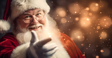 Smiling Santa Claus offering a magic light in his hands