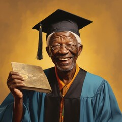 A happy elderly proud graduate donned a square academic cap, symbolizing their achievement and knowledge gained throughout their academic journey
