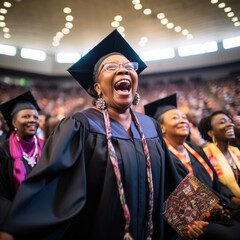 Obraz premium A happy elderly proud graduate donned a square academic cap, symbolizing their achievement and knowledge gained throughout their academic journey 