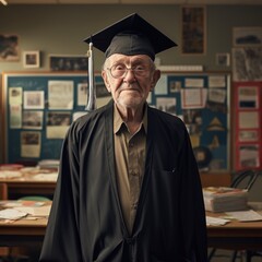 A happy elderly proud graduate donned a square academic cap, symbolizing their achievement and knowledge gained throughout their academic journey
