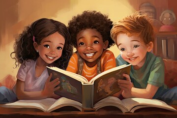 three children reading a book