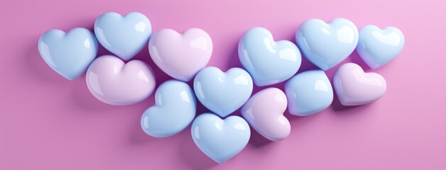 A group of heart shaped candies on a pink background