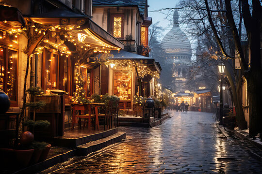 Fototapeta Winter cityscape snow covered streets of Paris lined with historical buildings adorned with festive lights and decorations