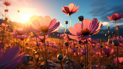 Selective Focus Colorful Cosmos Flower Field, Background Image, Desktop Wallpaper Backgrounds, HD