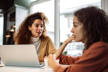 Obraz na płótnie Canvas Business woman discussing work with her client in a coffee shop, creative designer friend positive ideas sharing conversation laugh smile sheerful in cafe restaurant background