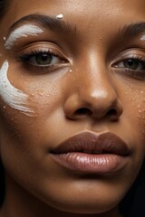 Close-up cropped portrait of a beautiful African American woman with a white cream mask on her face. Cosmetics, care, make-up, beauty concepts.