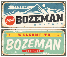 Welcome to Bozeman Montana retro signs set. USA vintage travel signs and souvenires. Places and cities vector illustration. 