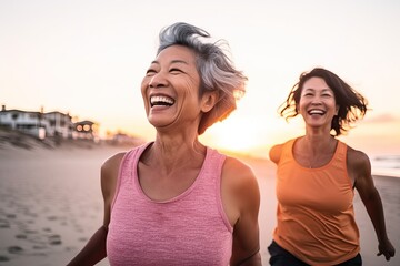 Together Towards Health: Happy smiling diverse Senior women Engaged in Joint Jog, running together at the beach Fit elderly people having fun doing sport endurance workout together outdoor
