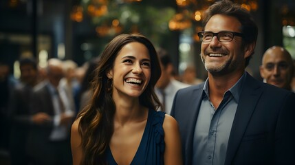 Business: a happy man and a woman of European, American appearance in business suits of a strict dress code as business partners in the office negotiate and smile. Generation Ai - obrazy, fototapety, plakaty