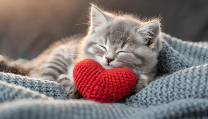 cute kitten hugging a red heart shaped crochet pillow - love concept - valentines day - obrazy, fototapety, plakaty