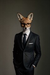 a fox wearing glasses and a suit with a tie, with a black background