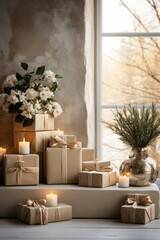 Gift boxes on a white countertop the background is a cozy room and theme is christmas and earthy minimalist colours from eye level perspective