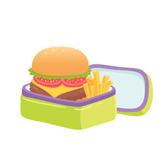 School lunch box vector illustration. Lunchbox for kids. Container with burger and french fries. Bento. Homemade fast food