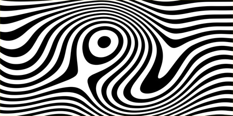 Liquid white black lines background. Abstract monochrome soft waves. Psychedelic illusion. Geometric, optical, animal design. Retro style 60s, 70s, 90s. Zebra design