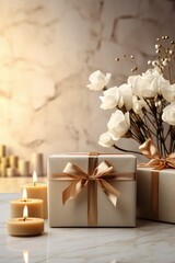 Gift boxes on a white countertop the background is a cozy room and theme is christmas and earthy minimalist colours from eye level perspective