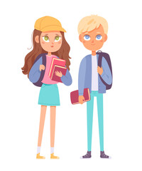 Happy school girl and boy with books and backpacks vector illustration. Cartoon smart students characters isolated on white background. Back to school, education, college, university, science concept