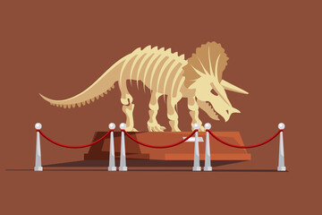 Paleontology museum with dinosaur fossils vector illustration. Cartoon paleontological exhibition with prehistoric triceratops skeleton. Historical artefacts and sculls on pedestals. Science concept © backup_studio