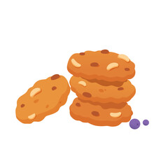 Oat crunchy cookies with chocolate and nuts. Handmade bakery for tea or coffee. Healthy breakfast. Natural products concept. Oat food. Colorful cartoon vector illustration