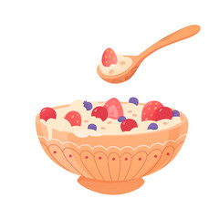 Oatmeal bowl with fruits and spoon. Cereal porridge for breakfast. Oat food. Natural product. Healthy food concept. Cartoon vector illustration