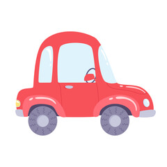 Cartoon kids red car vector illustration. Cute baby automobile isolated on white background. Colorful toy. Kindergarten. Happy childhood. Auto school. Funny holidays, vacation, trip
