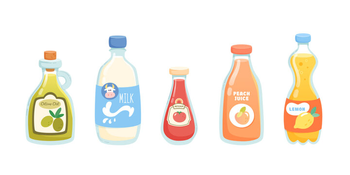 Drink bottles set flat vector illustration isolated on white background. Juices, milk, oil and ketchup in glass and plastic packagings. Cartoon food design for kitchen,menu, restaurant and cooking
