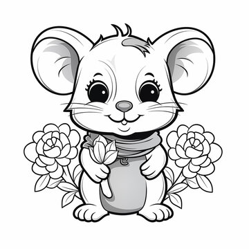 Coloring page of cute mouse with flowers outline style