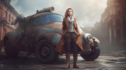 Steampunk and retro-futurism style. Beautiful steampunk woman standing near old-fashioned mechanical vehicle on vintage steampunk background.