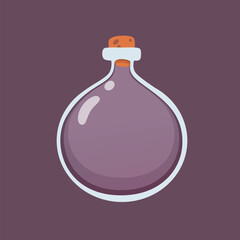 Glass flask flat vector illustration. Chemistry laboratory science beaker. Container with fluid and closed with cork. Scientific experiment, research equipment