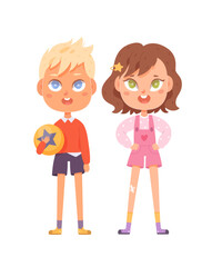 Happy girl and boy cartoon vector illustration. Cute smart adorable young friends. Students after school. Concept of joyful healthy childhood and friendship