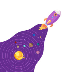 Rocket spaceship with purple trail and planets of solar system. Startup, creative idea, new product launch concept. Infographic template for business presentation. Cartoon vector illustration.