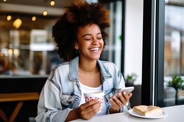 Smiling young woman enjoying coffee and using electronic devace in cafe, Student has coffee break at cafe. Communication, business casual, lifestyle, work or study connection, mobile apps, technology