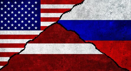 USA, Russia and Latvia flag together on a textured wall. Relations between Russia, Latvia and United States of America