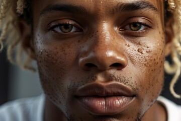 Close-up cropped portrait of a handsome black African American blond man with pigmented spots, moles on his face with blond hair looking directly into the camera. Model, care, beauty, fashion concepts
